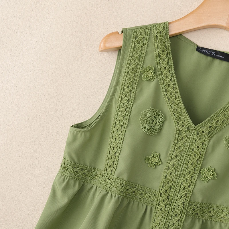 ZANZEA Sommer-Tanktops ohne Ärmel, stilvolle Damen-Tops mit V-Ausschnitt, elegante Spitzen-Patchwork-Urlaubsbluse, lässige, lockere Strand-T-Shirts – Detail 16