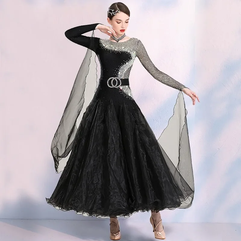 customized line suit large swing skirt women adult ballroom dress strandard ballroom dance competition performance dress