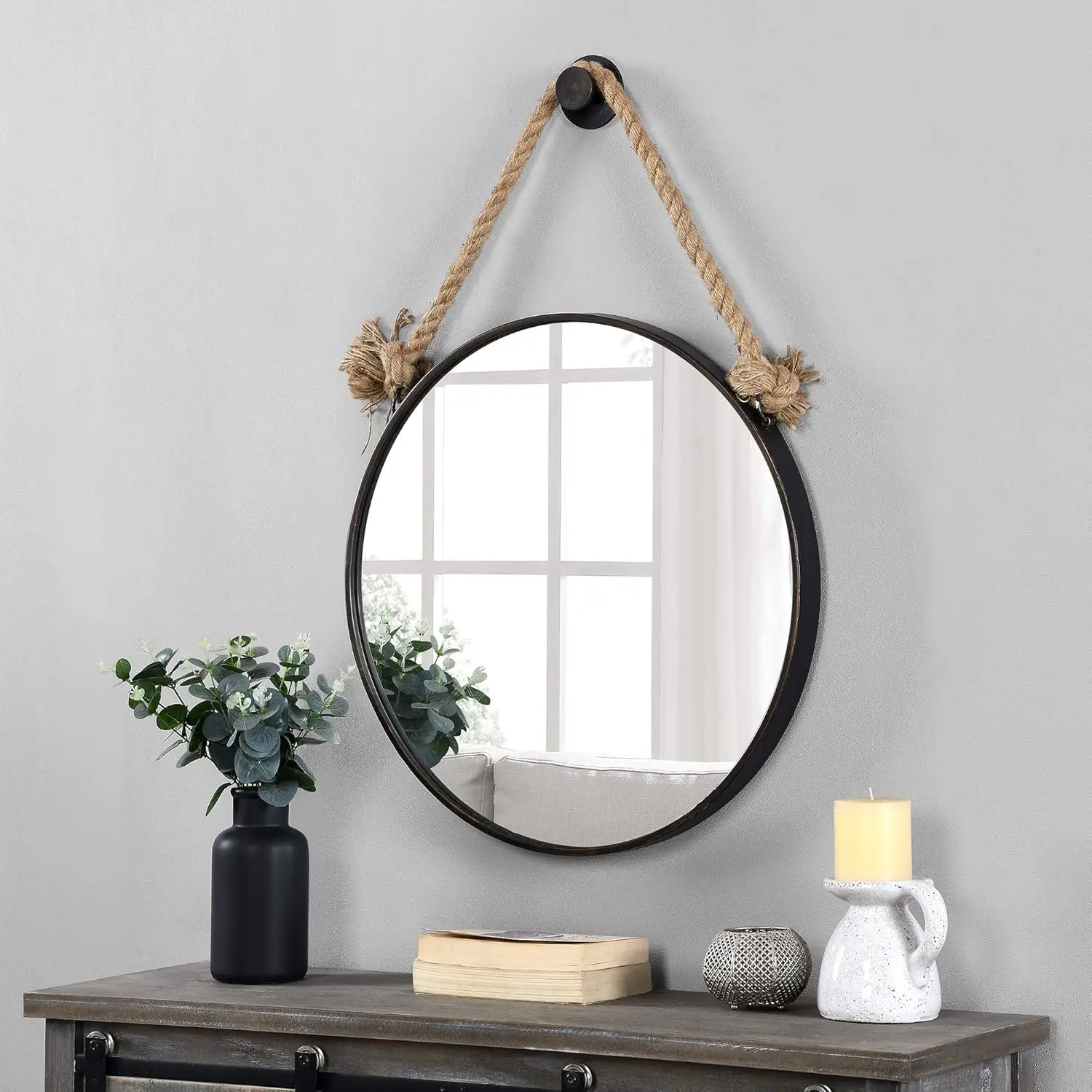 Bronze Dockline Wall Mirror, Vintage Decor for Bedroom and Bathroom Vanity, Round, Metal, Coastal, 22 x 33.5 Inches