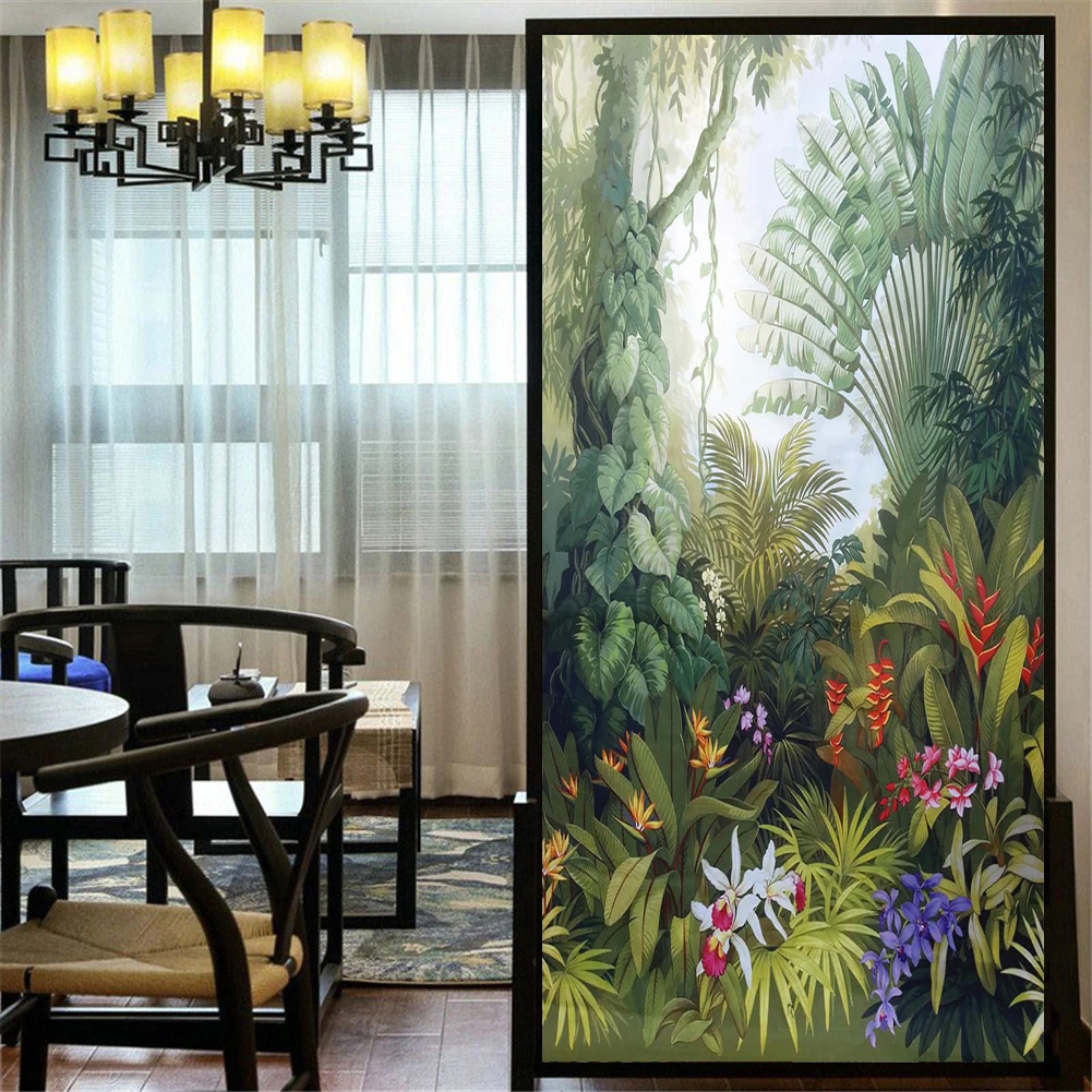 Privacy Windows Film Decorative Forest Creek Painting Stained Glass Window Stickers No Glue Static Cling Frosted Window Cling