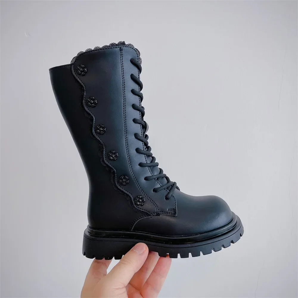 Autumn/Winter ZIP Fashion Cool Baby Girls Warm Square Heel Round Toe Casual Lace-Up Comfortable Kids Black Mid Boots