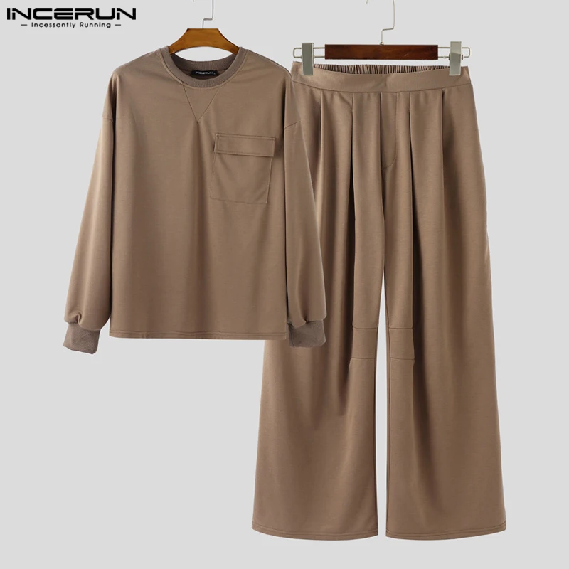 

INCERUN Men Sets Solid Color O-neck Long Sleeve T Shirt & Pants Two Pieces Sets Streetwear Loose Fashion Men Casual Suits S-5XL