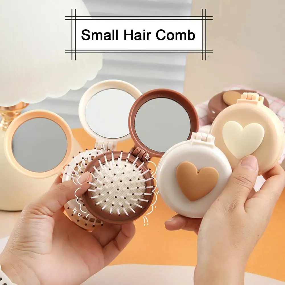 

2 In 1 Mini Folding Hair Brush with Makeup Mirror Portable Travel Comb Girls Scalp Massage Detangling Brush