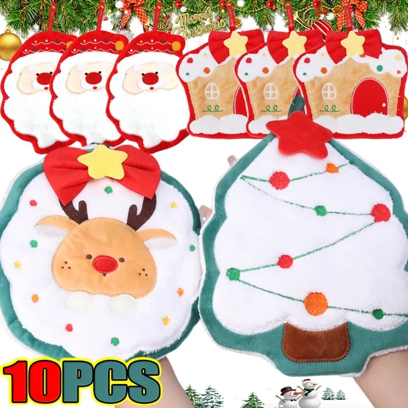 

1/10PCS Christmas Hand Towels 2025 Elk Santa Tree Pattern Cleaning Cloth Coral Fleece Plush Towel Absorbent Hang Wipe Xmas Decor