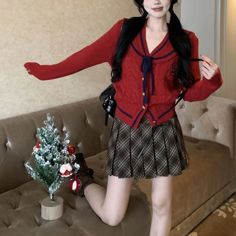 Christmas Red Vintage Sweaters Autumn Winter Korean Stylish Drawstring Bow Women\'s Clothing Chic Sailor Collar Knitted Cardigan