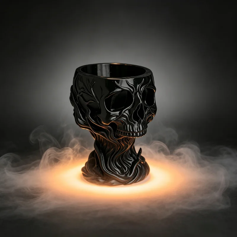 Gothic Smoke Streamline Skull-Shaped Tall Storage Stand, Black Multifunctional Cup, Integrating Candle Holder, Makeup Storage, and Small Flower Pot, Dark Home Decor