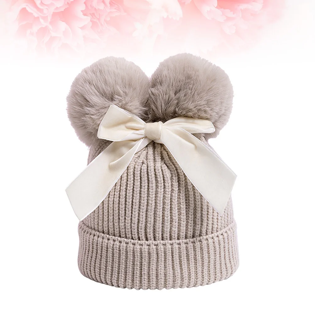 

Бежевая детская вязаная шапка с бантом, мягкая удобная зимняя вязаная шапка, идеально подходящая для подарка на детский душ, вязаная шапка