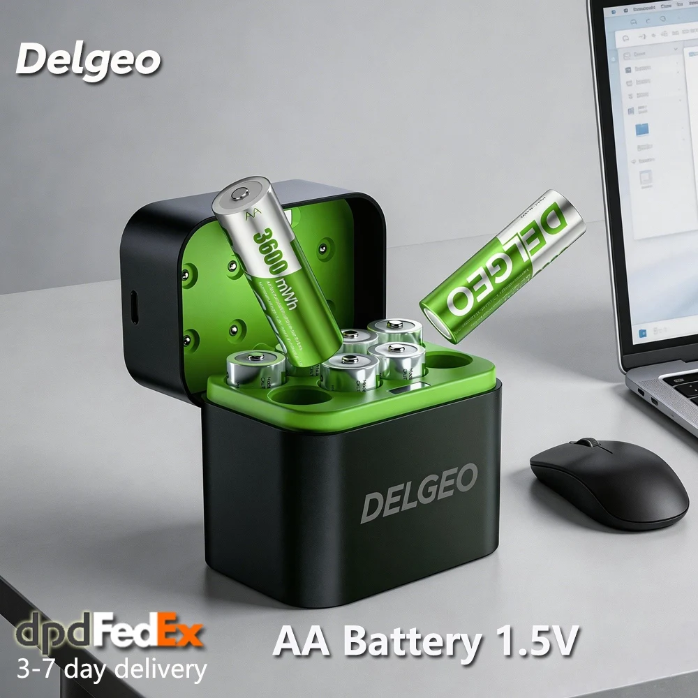 Delgeo AA wiederaufladbarer Lithium-Akku 1,5V mit Ladeetui, 3600 mWh, große Kapazität, kompatibel mit Kamera, Gamepad, GPS, Spielzeug