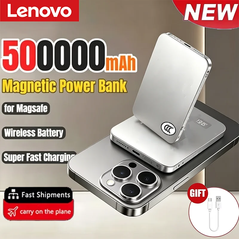 2027 Lenovo 500000mAh Große Kapazität Magnetische Powerbank PD22.5W Kabelloses Laden Tragbarer Externer Akku für Magsafe für iPhone