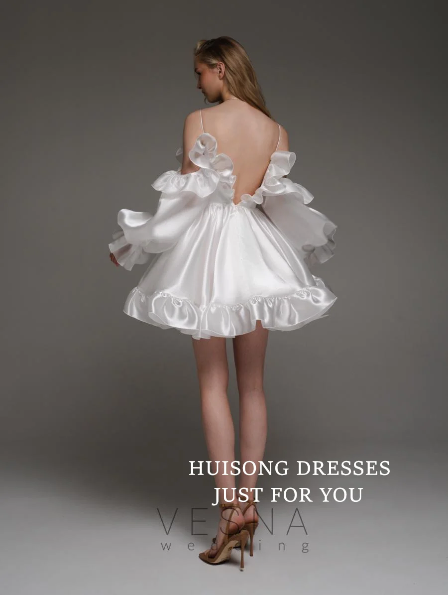 HUISONG فساتين زفاف قصيرة مخصصة من الساتان على شكل قلب فساتين زفاف صغيرة على شكل حرف a فستان حفلات الزفاف على الشاطئ #4