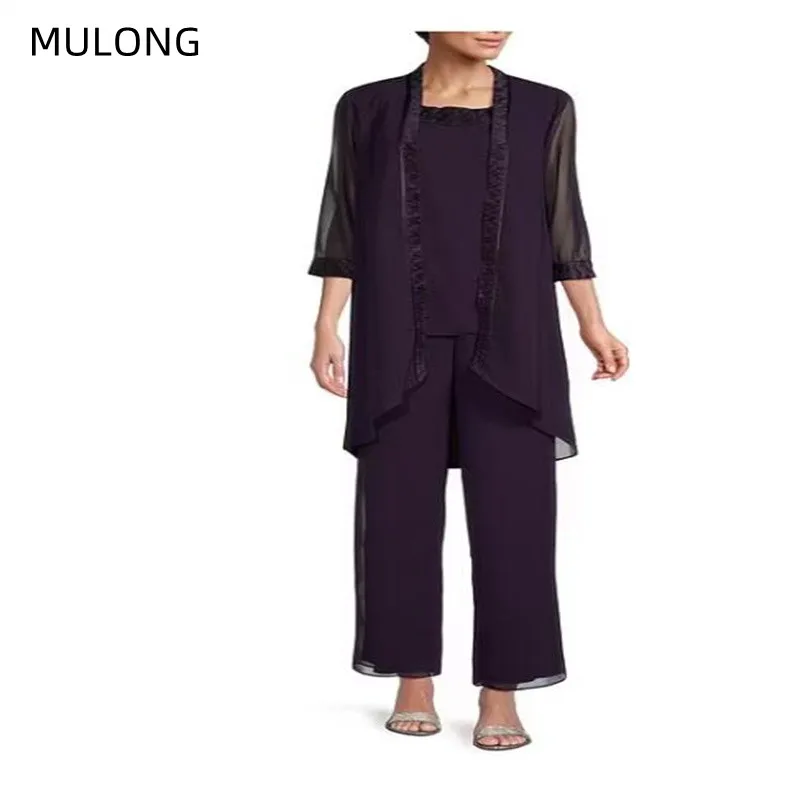 MULONG Summer 3 Piece Mother Wedding Pants Suit knee Length Party Dresses For Weddings Chiffon Mother Bride Dresses