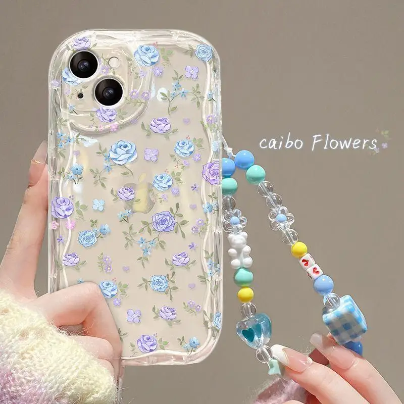 Funda para iPhone 17 16 15 Pro Max 14 11 13 12 Mini Plus 16E 17 Air iPhone17 con correa de muñeca con flor y pulsera 3