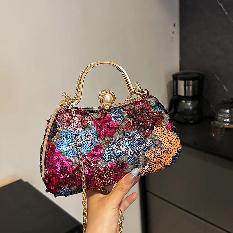 2025 Trendy Seuqin Flower Prom Evening Bags For Women Retro Fashion Orange Green Small Clutch Handbags Party Chain Shoulder Bag