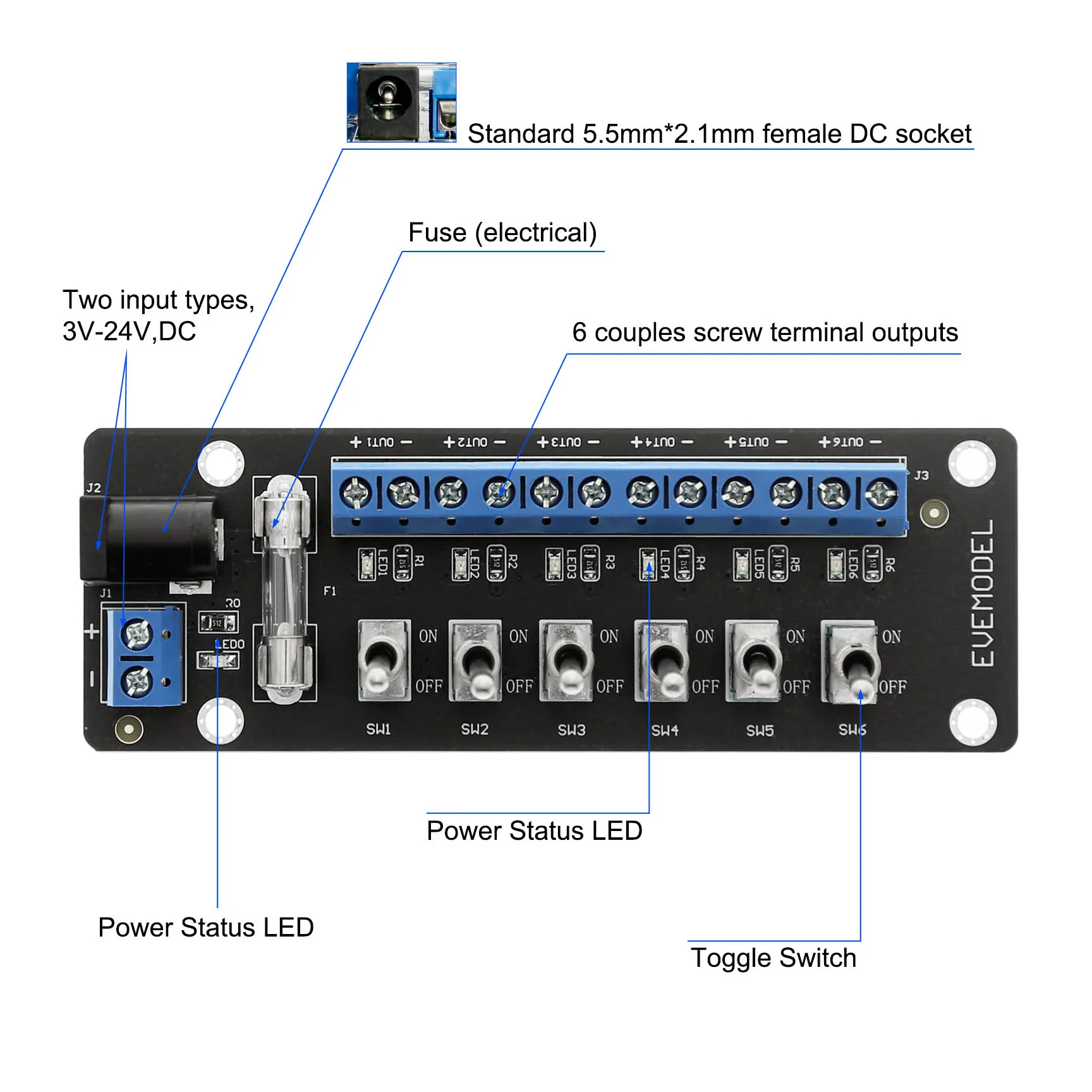 Evemodel 3V-24V DC Power Distribution Module Connector 6 Channels with Individual Toggle Switch PCB019D