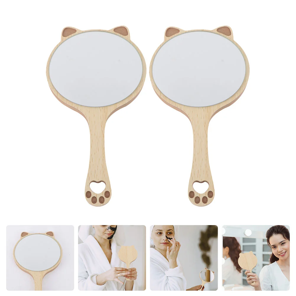 

2 PCS Handheld Vanity Mirror Girl Mirrors Makeup for Dresser Glass Wooden with Handle