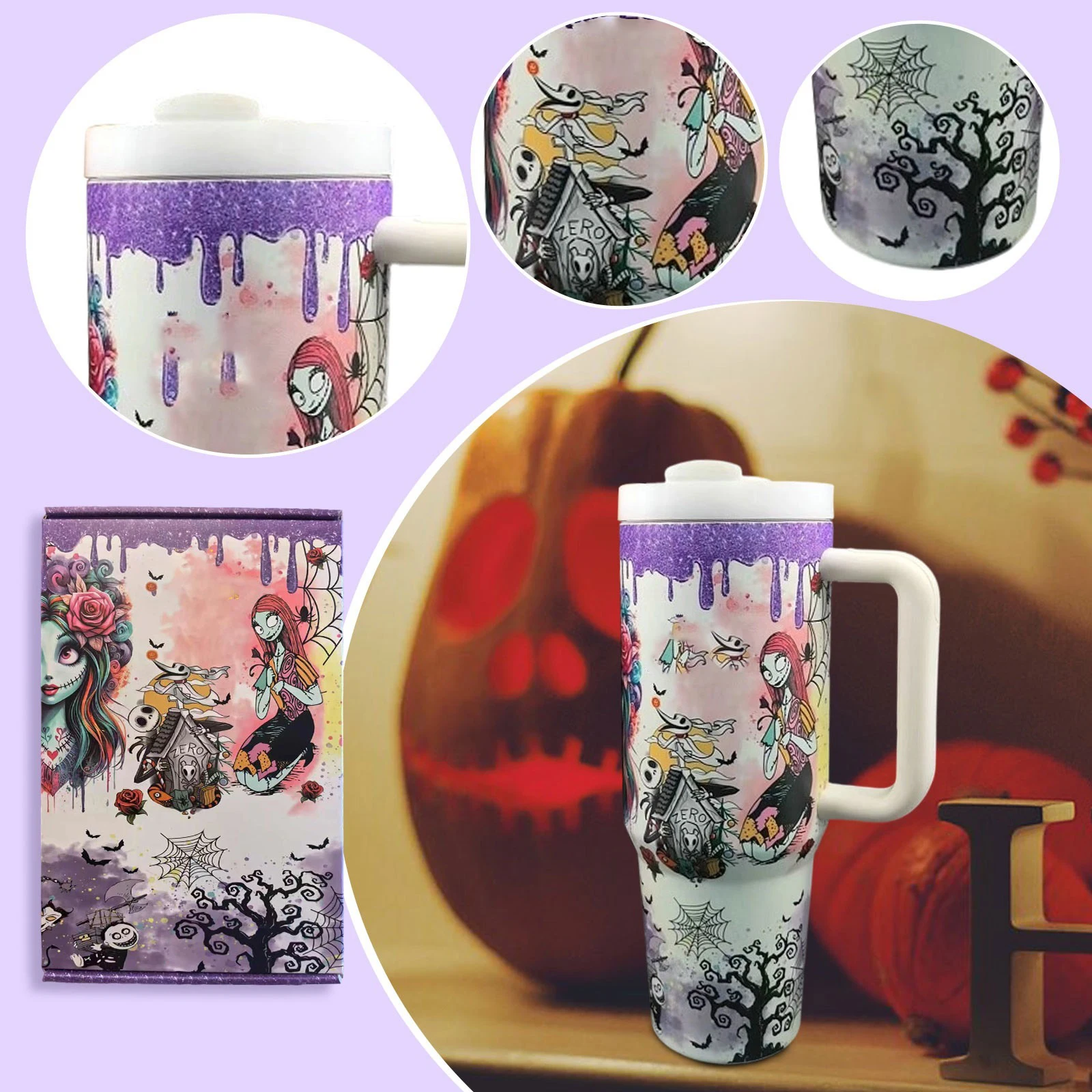 كوب Nightmare Christmas Tumbler، كوب Skellington 40oz من الفولاذ المقاوم للصدأ مع تصميم وقش متوهج في الظلام، إصدار محدود للهالوين Gi