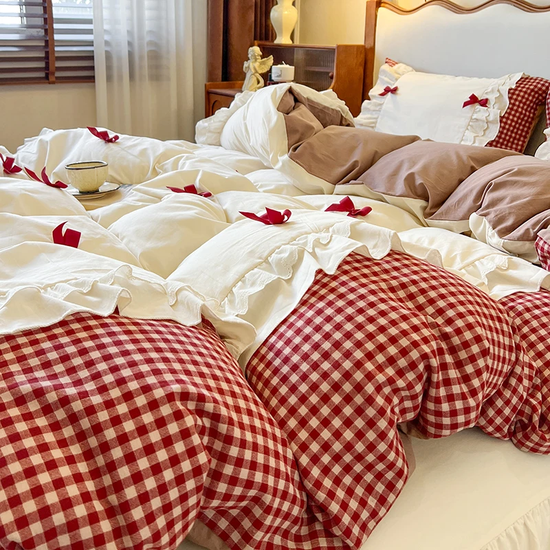 100% Cotton Korean Princess Style Bow Plaid Lace Ruffles Patchwork Bedding Set Duvet Cover Bed Skirt Bedspread Pillowcases