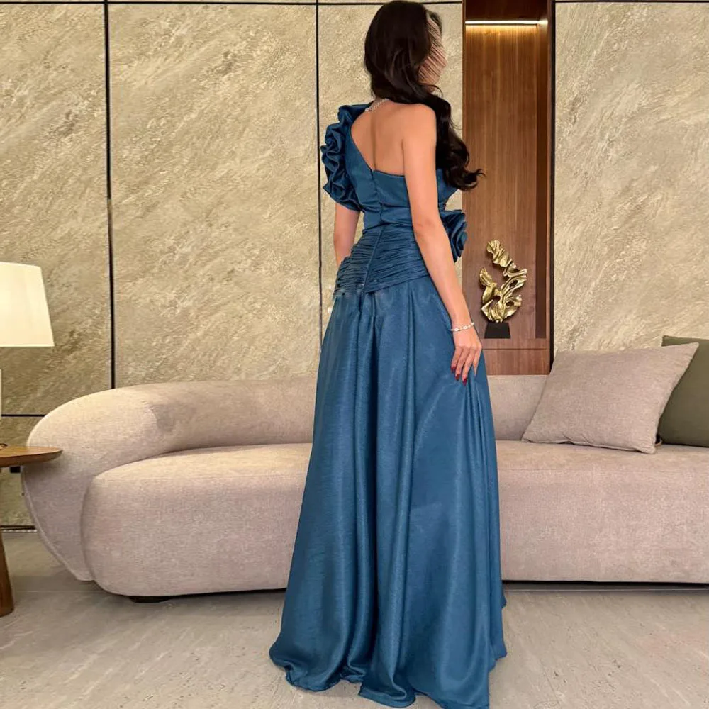 사용자 정의 한 어깨 주름 이브닝 드레스 꽃 우아한 바닥 길이 웨딩 파티 드레스와 라인 긴 댄스 파티 드레스