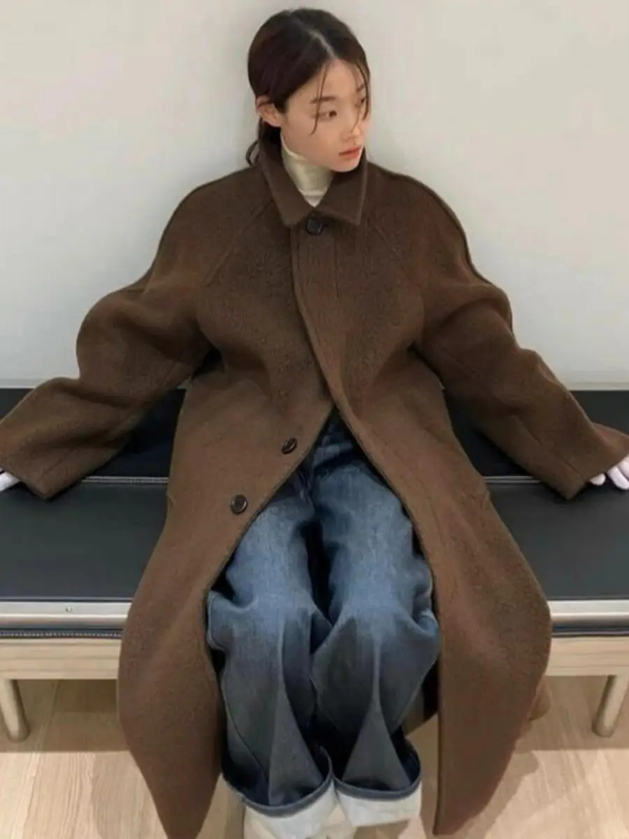 

Dongda Gate Amomento Casual Loose Mid-Length Woolen Coat Early Spring Long Sve Thiened Spring Autumn Women's Outerwear