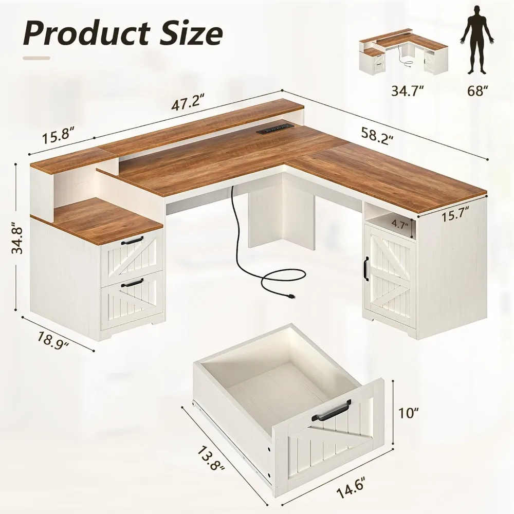 63" Farmhouse L Shaped Executive Desk with Drawers & Storage Shelf, Corner Computer Desk with Power Outlets, L Shaped Office Des image 2