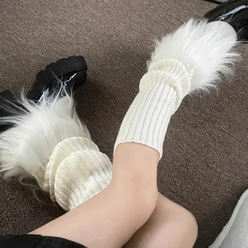 Aquecedores de pernas de tricô de pelúcia mulheres inverno longo meias de pele do falso lolita quente doce meias peludas preto branco bota capa meias