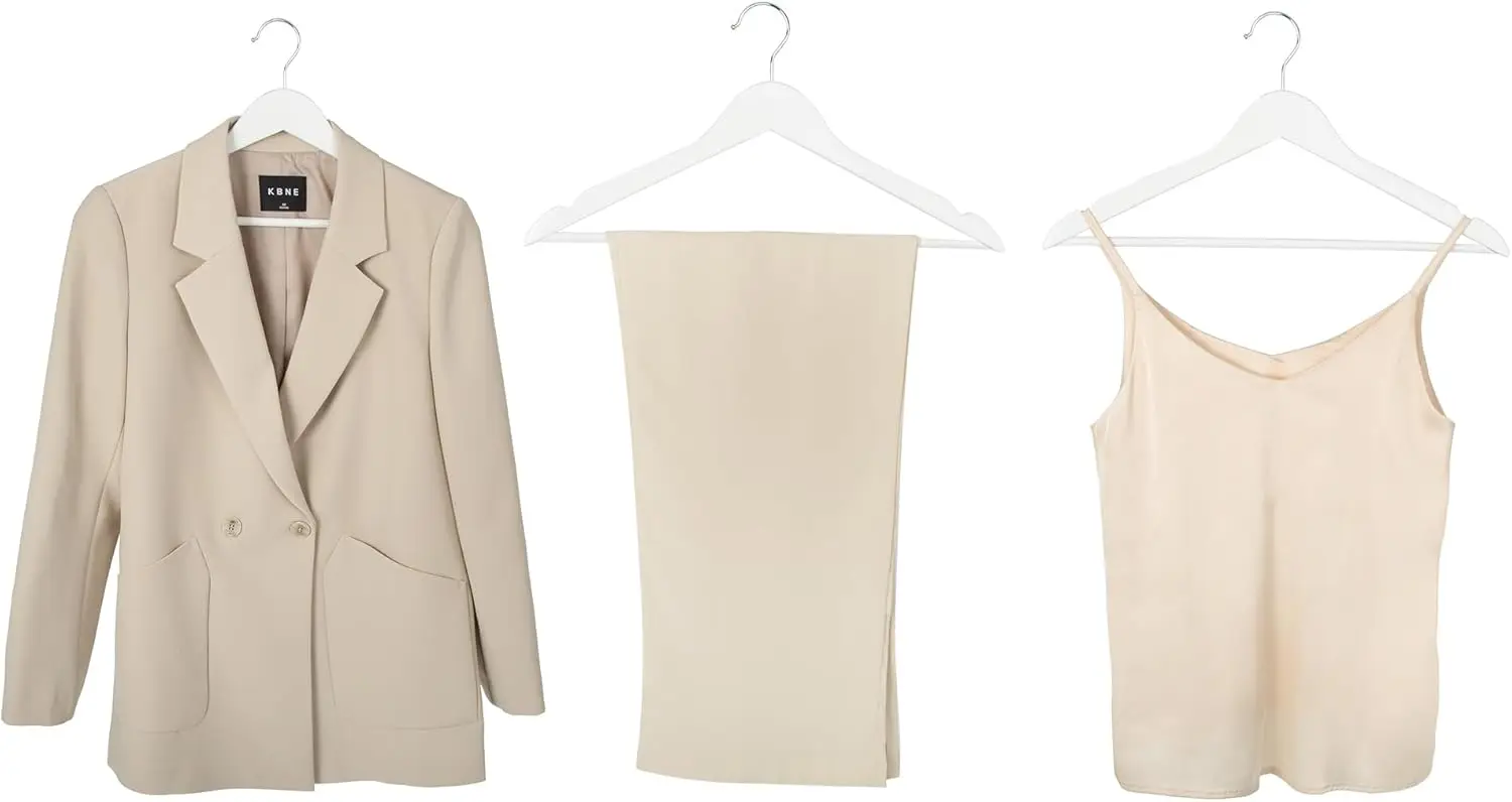 화이트 우드 행거 10개 팩 - 셔츠, 재킷, 드레스용 논슬립 팬츠 바 포함 코트 행거