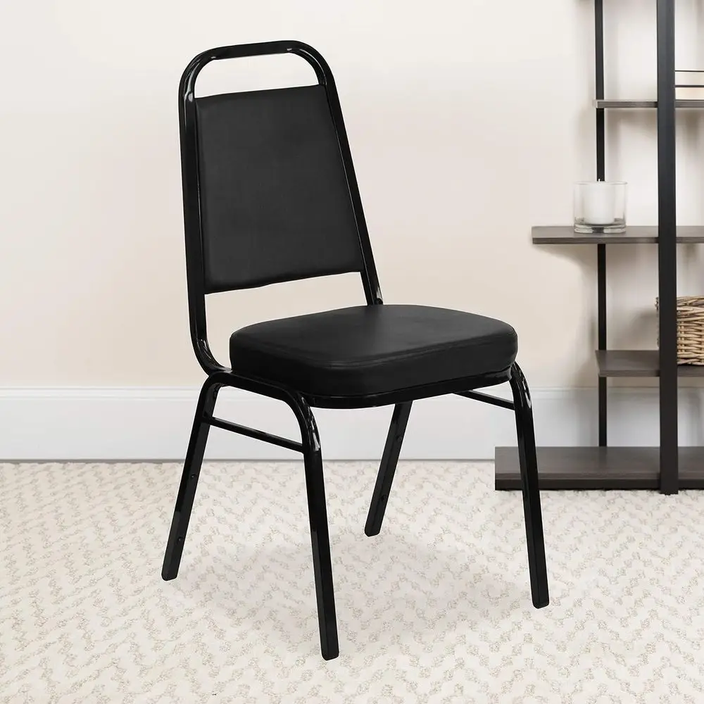 Trapezoidal Back Vinyl Stackable Banquet Chair, Multipose Stacking Chair with Padded Seat and Back, Black