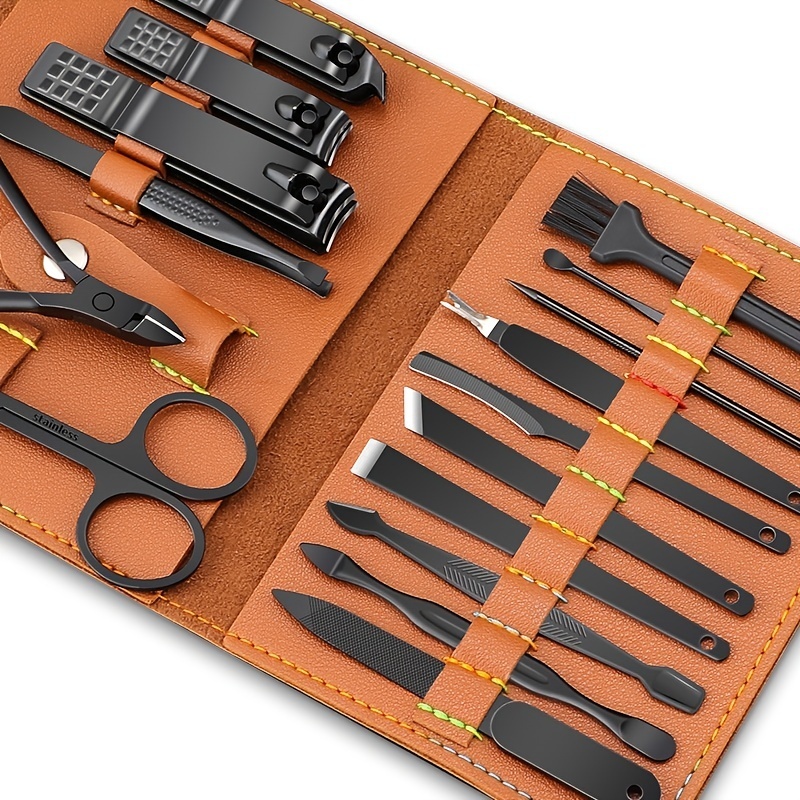  16PCS Brown Nail Cutter Set Stainless Steel Nail Clippers With Folding Bag Manicure Cutter Kits Scissors Makeup Beauty Tool 