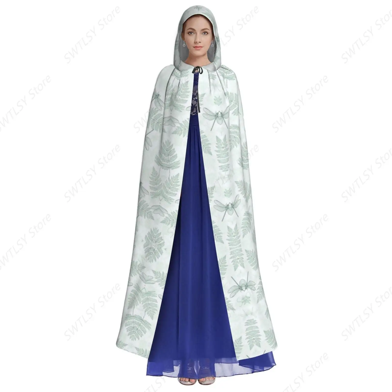 Halloween Role Play Cloak Costume - Floral Dragonfly Leaves White Hoodie Dress Cloaks Tunic Full Length Devil Cloak