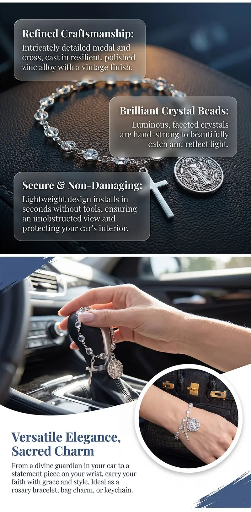Katholisches Schutzrosenkranz-Autozubehör, St. Benedikt-Medaillon & Kreuzanhänger für die Auto-Innenausstattung, religiöser Schutzanhänger – Detail 2
