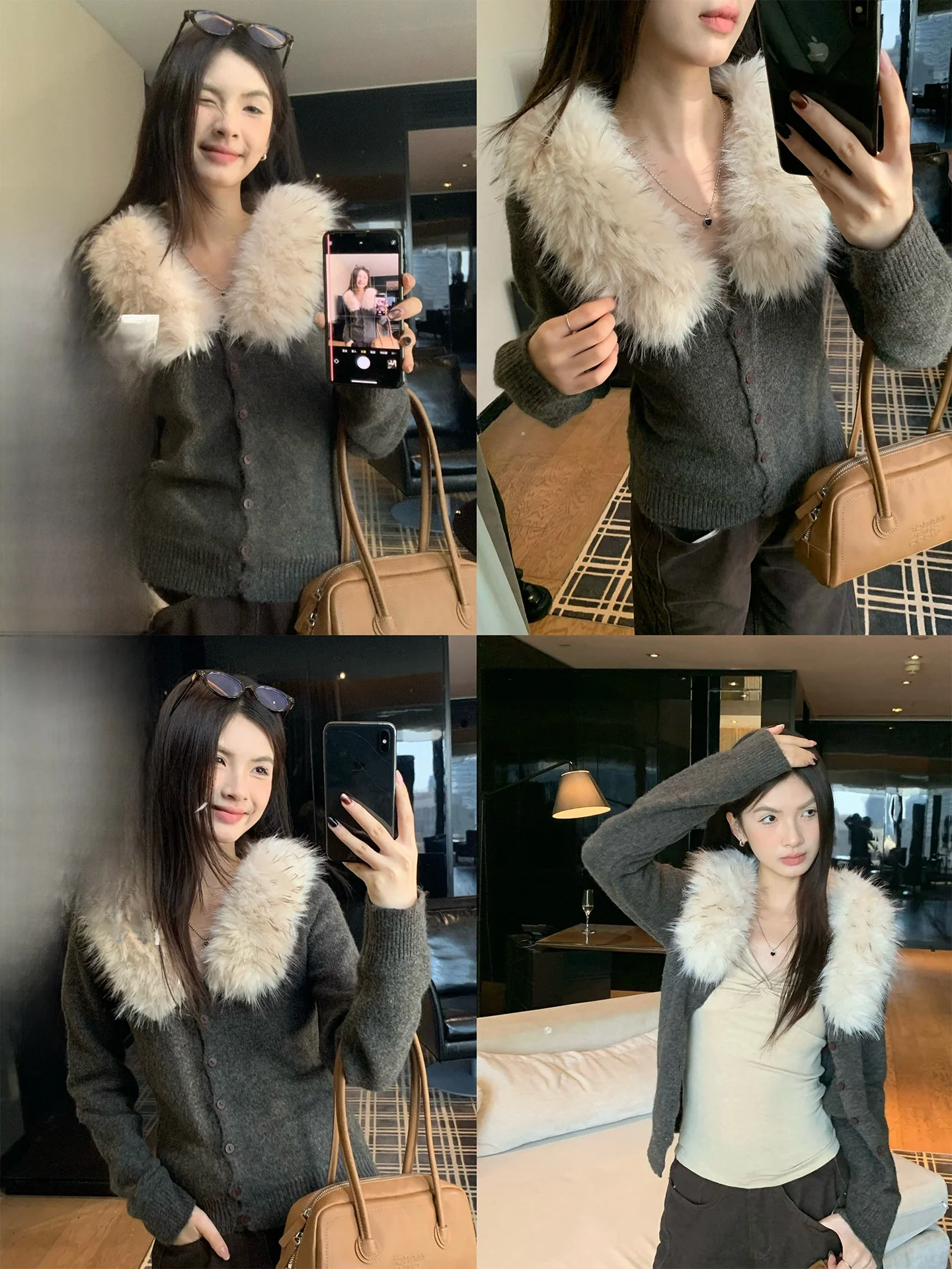 

Ele Long Sve Knitted Cardigan Women's Faion Winter Outerwear Detachable Fur Collar oulder-Length Zipper Closure