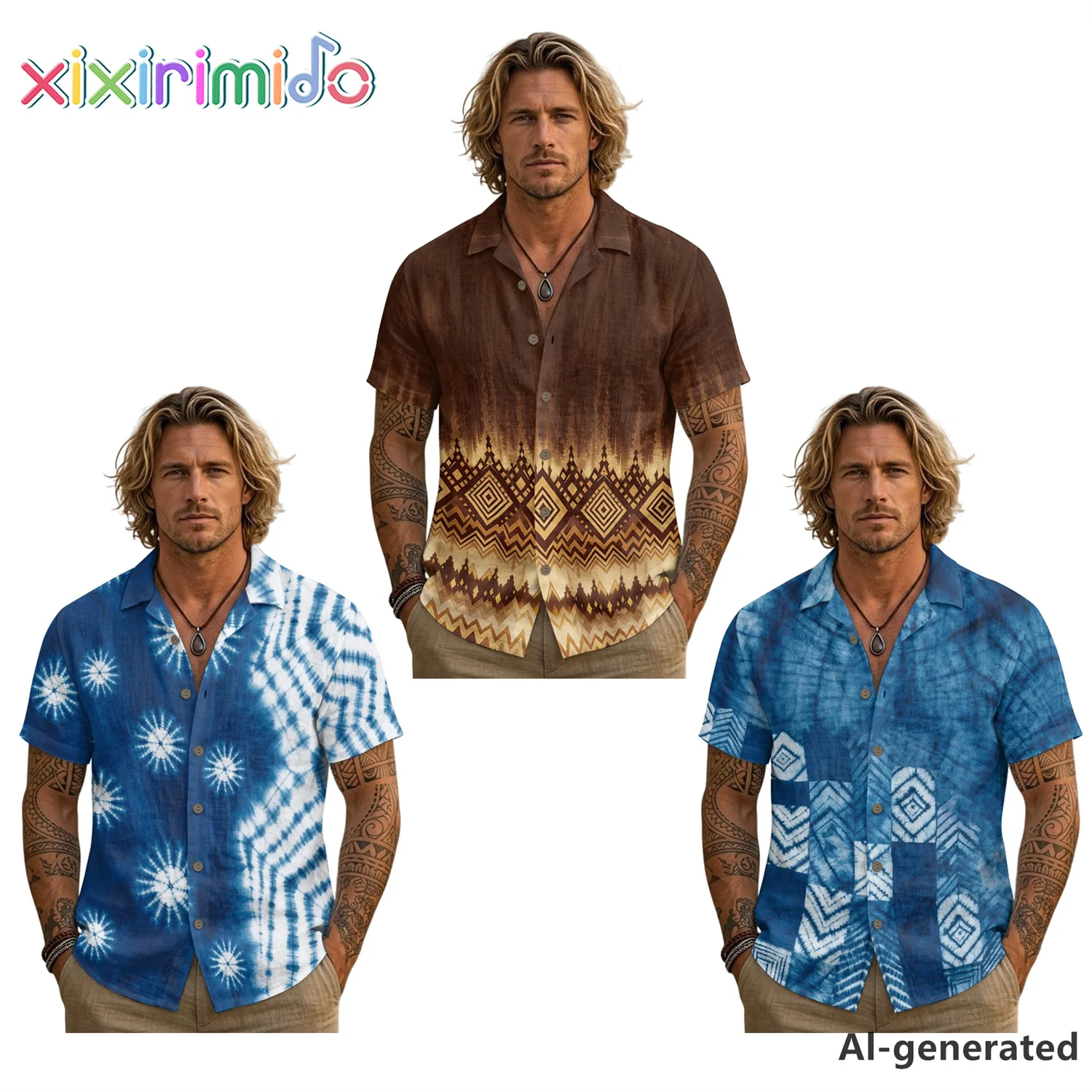 

XIXIRIMIDO Sleeve Linen Casual Shirts Button Down Shirt for Men Beach Breathable Tops Summer Ethnic Style Prints Vintage Shirt