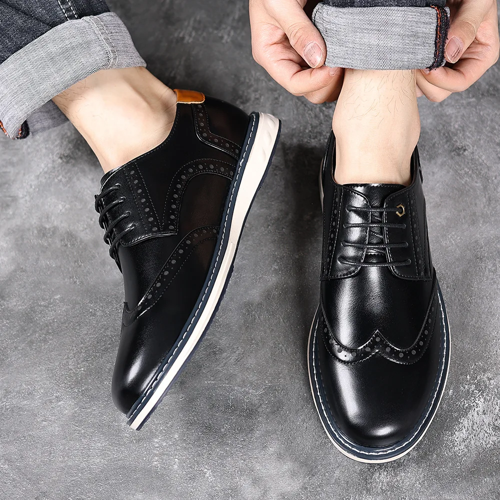 

Men's Casual Leather Shoes Trendy Summer Breathable Black Work Shoes Casual Classic Fashion Formal Comfortable Flat Shoes