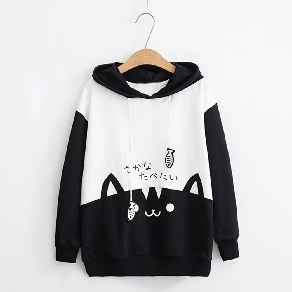 

Women Cute Cat Printed Hoodie Japanese Style Hooded Loose Pullovers Spring Autumn Harajuku Oversized Sweet Sports Sweatshirts