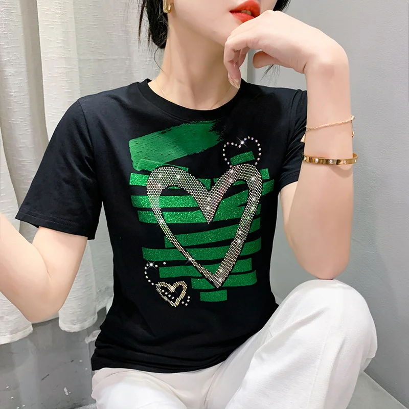 

#5464 Streetwear T Shirt Women Shinny Diamonds Sexy Skinny T-shirt Stretch Cotton O-neck Korean Fashion Womens Tee Shirts Summer