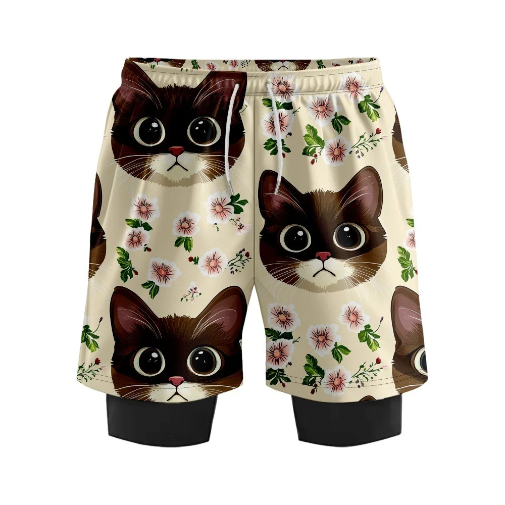 HARAJUKU Kawaii Mew Cat พิมพ์กางเกงขาสั้นชายหาดกางเกงว่ายน้ําบุรุษการบีบอัดชุดว่ายน้ําฤดูร้อนว่ายน้ํากางเกงขาสั้น PLUS ขนาด
