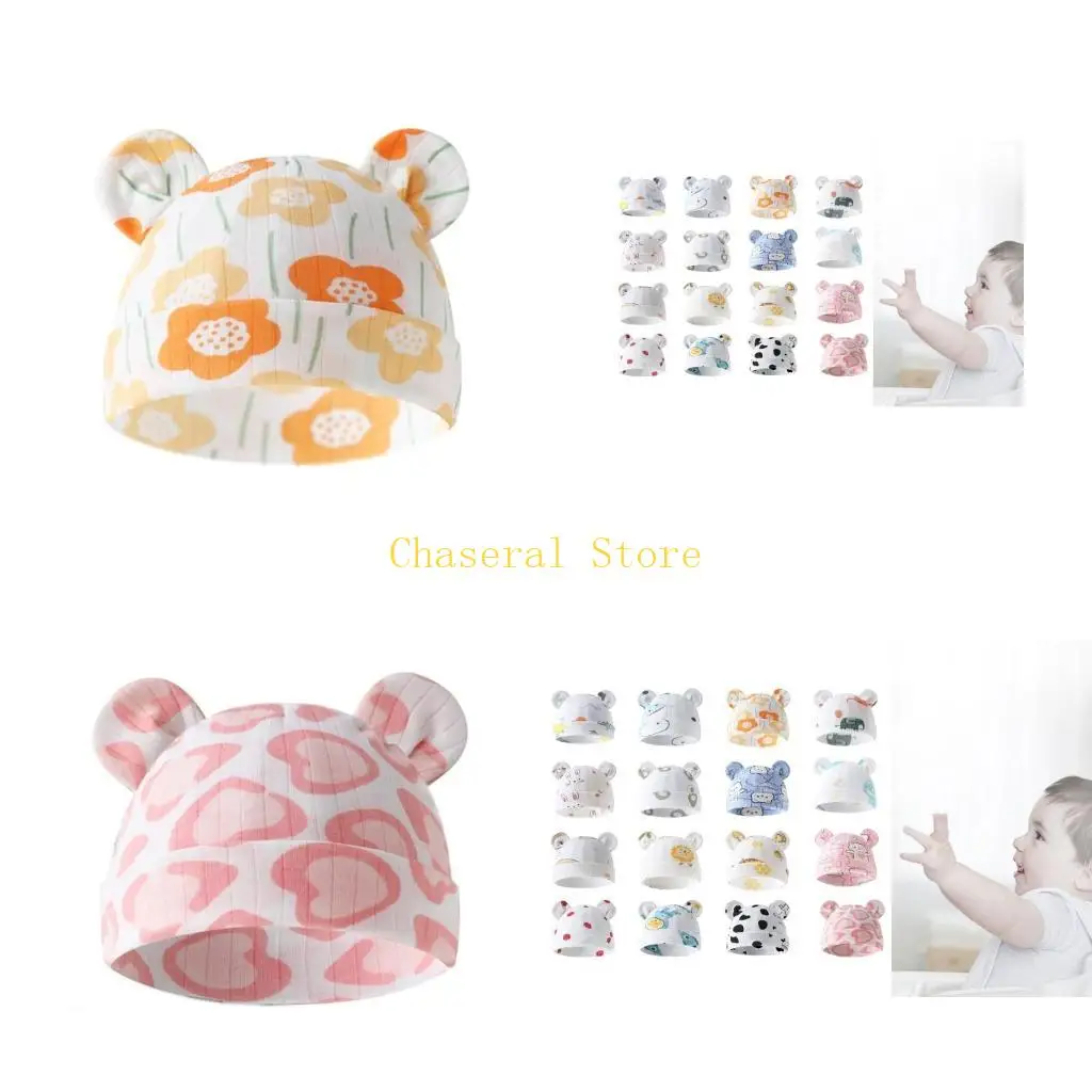 

E7CE Spring Hat Kid Baby Bonnet Caps Breathable Bear Ear Hat with Pattern