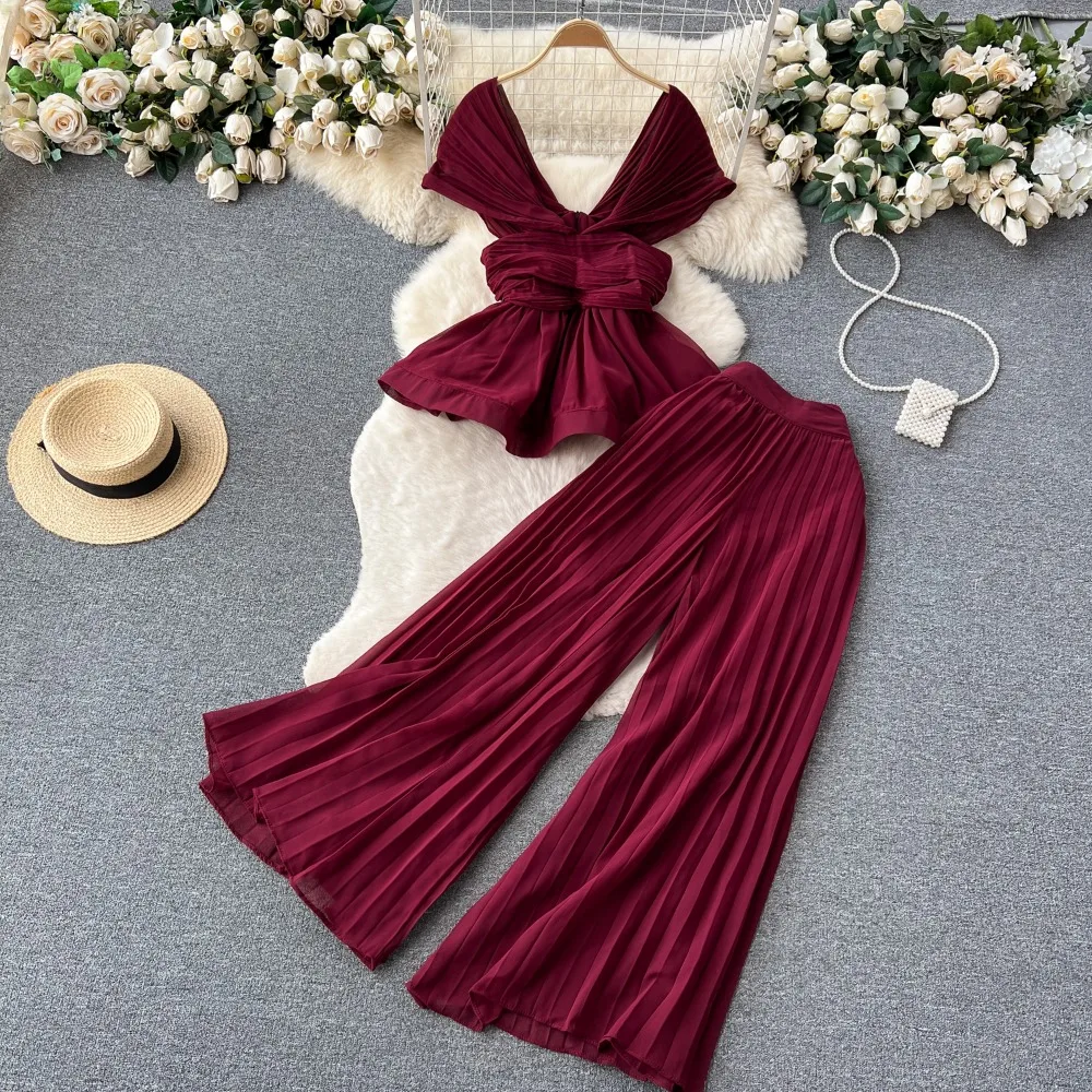 Fresh Elegant Chiffon Ruched Off Shoulder Sets Shirt Loose High Waist Wid Leg Pants Summer Fashion Suits Ruched Trousers