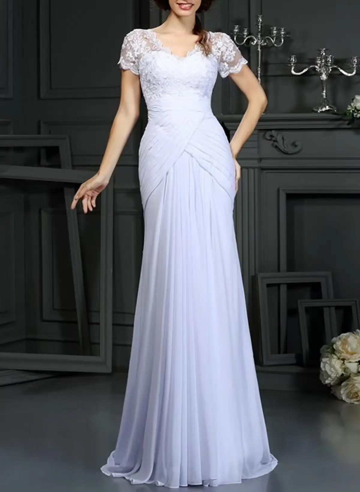

Customized Sexy Lace Jersey Buttons Mermaid Evening Dress High Quality Short Sleeves V-Neck Floor Length Special Occasion Gowns