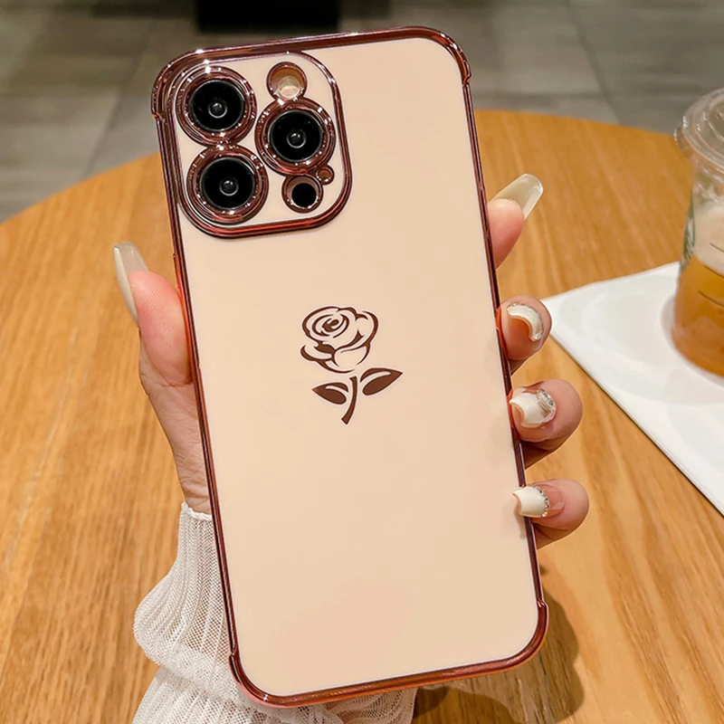 Luxury Quakeproof Electroplate Rose Cover Case for iPhone 16 15 14 ProMax 13 Pro 12 Mini 11 X XR XS Max 7 8 Plus Half Phone Case