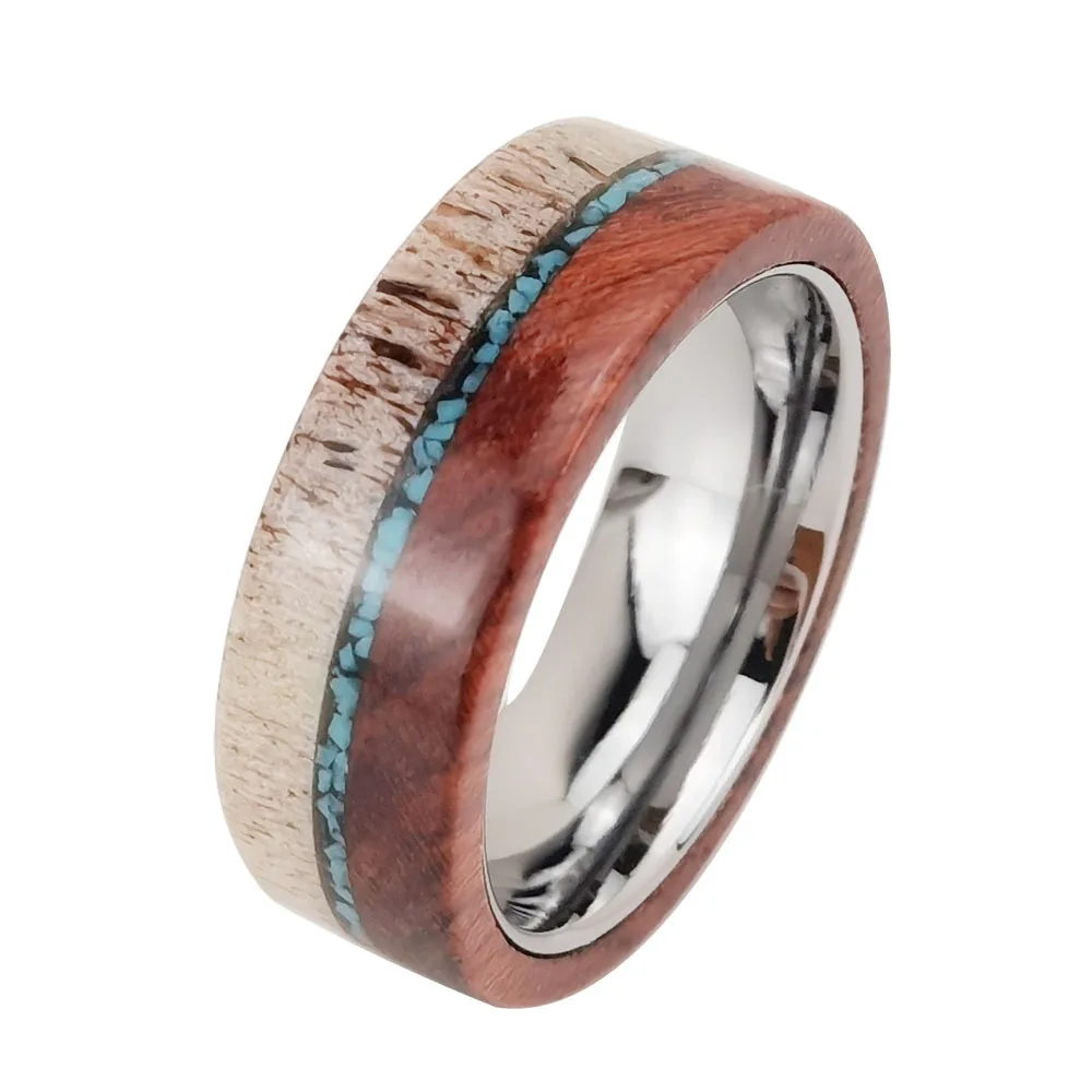 Personalized 8mm Tungsten Ring for Men Flat Top Wood Band Inlay Natural Elk Antler&Turquoise for Best Birthday Gift Size 7-15