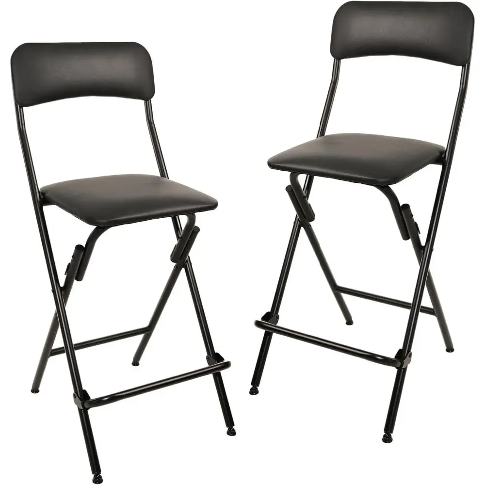 

olding Bar Stool with ootrest, Portable, Sturdy, Space-Saving Storage, 300lb acity, 24" Height, Black, Set o 2