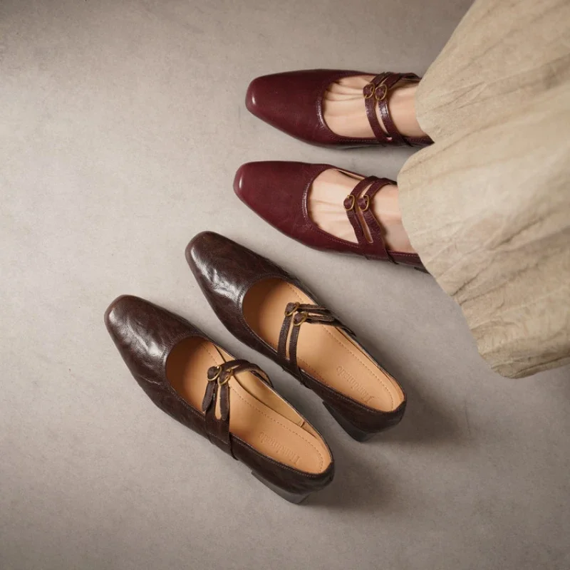 Mary Janes Women Heels 2026 New Retro 100% All Genuine Leather 4cm Square Heel Office Lady Pumps Shoes Gift