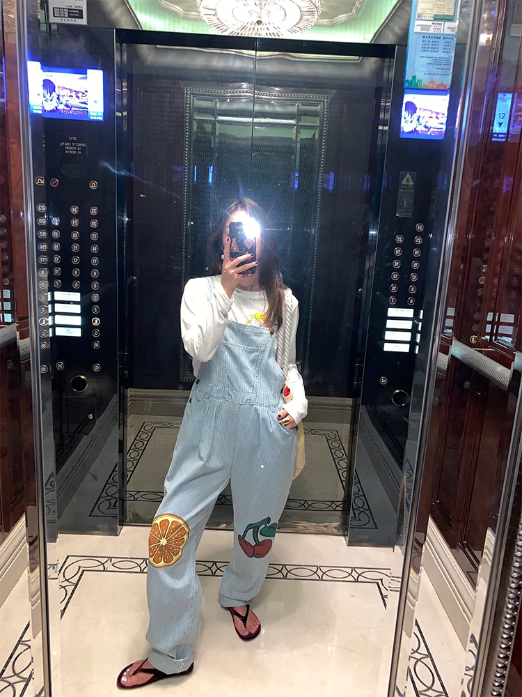 

Loose One-Piece Denim Overalls Women's Small Size Striped Print Design Spring Summer Autumn Seasonal Wide Leg Pants
