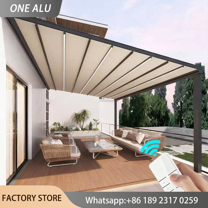 Automatic Motorized Pergola PVC Retractable Canopy Electric Awning Roof Foldable Waterproof Windproof Outdoor Patio Sunshade