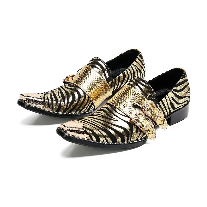 Luxury Fashion Metal Pointed Toe Men Shoes Casual Party Print Leather Shoes Trendy Mens Wedding Dress Shoes Size 37--46