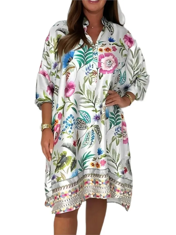 Abiti midi con stampa floreale di nuova moda estiva Abiti casual da donna a maniche lunghe con scollo a V e bottoni Abiti larghi per le donne Abito Boho da vacanza