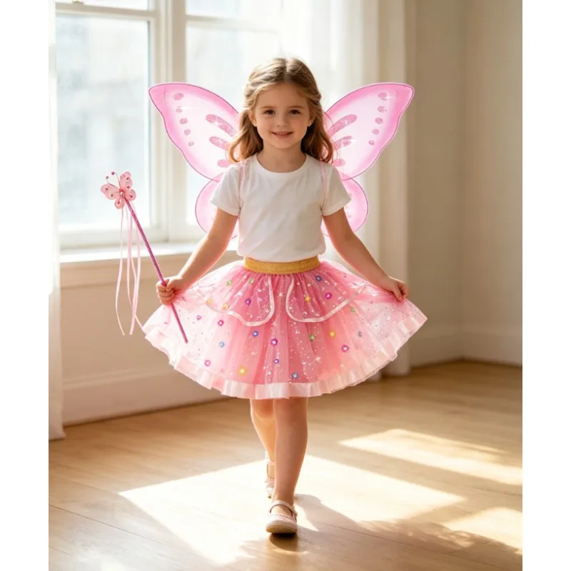 Children Pink Butterfly Sparkly Fairycore Princess Style Tutu Dress Wings And A Magic Wand Versatile For Kid Holiday Party Wear