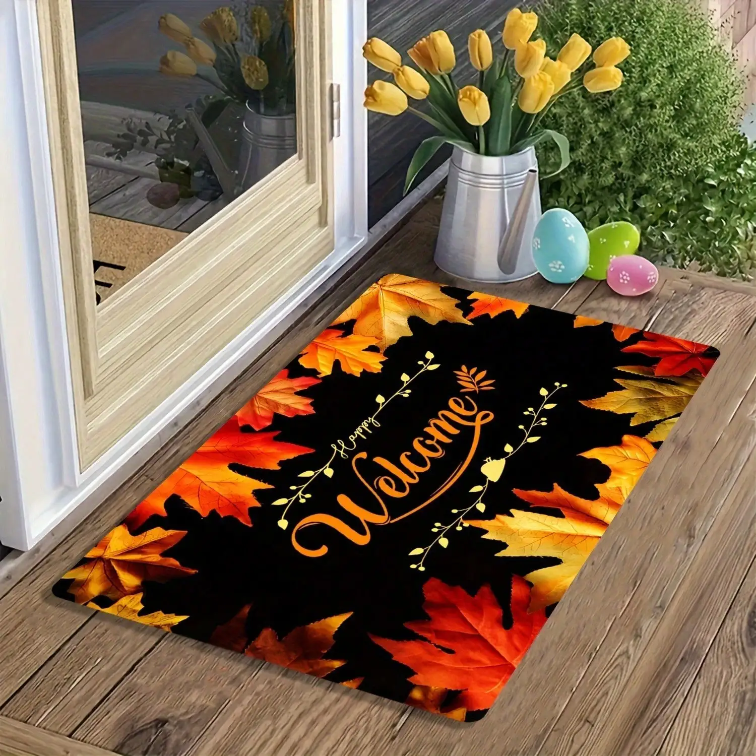 1pc Of Flannel Doormat For Indoor And Outdoor Use, A Perfect Holiday Gift. This High-Quality Flannel Item Features An Autumn Maple Leaf Design, Suitable For