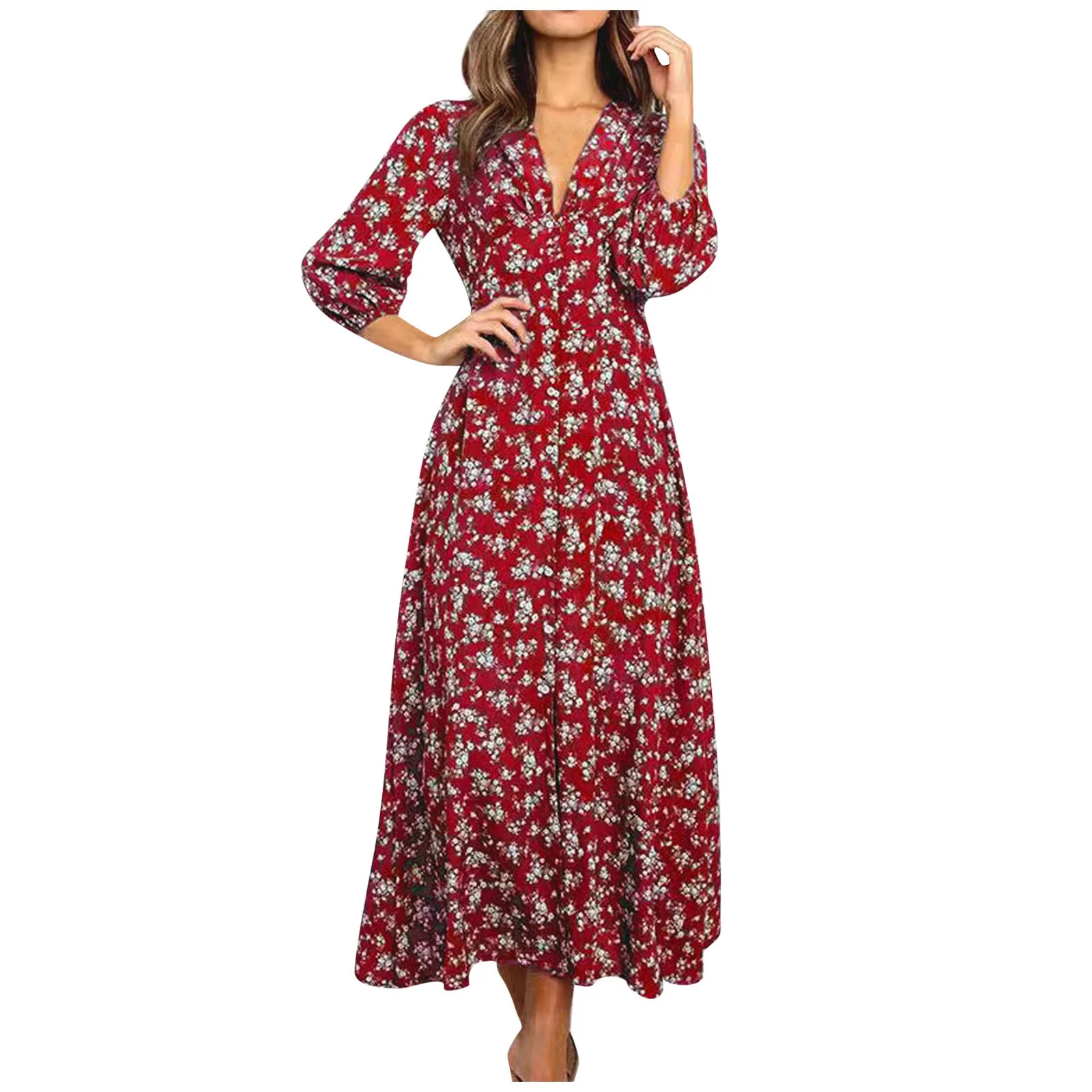 Womens Long Sleeve Dress Fashion Trend Bohemian Floral Maxi Dresses V-Neck Casual High Waist Beach Vacation Dress